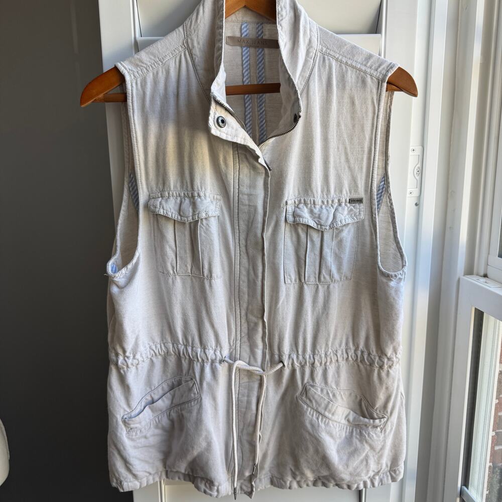 MAX JEANS Beige Oatmeal Linen Blend Cargo Utility Vest Womens Large
